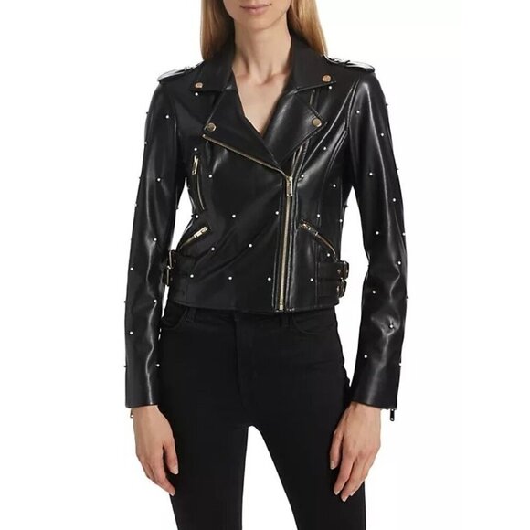 Generation Love Audrina Black Faux Leather Jacket w/ Pearls Size XS NEW Defect - Picture 4 of 13